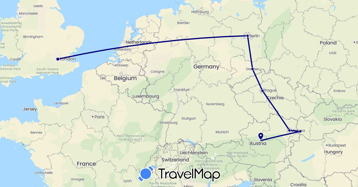 TravelMap itinerary: driving in Austria, Czech Republic, Germany, United Kingdom, Slovakia (Europe)